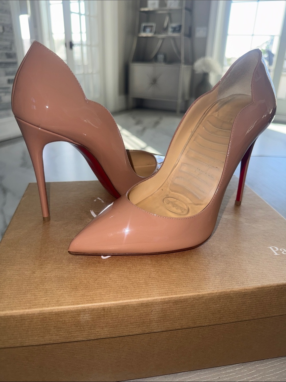 Christian Louboutin Nude Patent Pointed-Toe High Heel Pumps